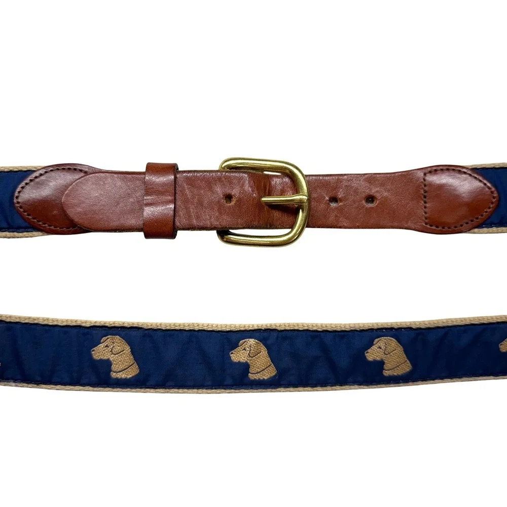 Vintage Surcingle Belt Navy Tan Canvas Leather Lab Dog Head Embroidery Size 42